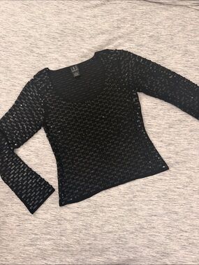 INC International Concepts Black Sequin Scoop Neck Long Sleeve Top